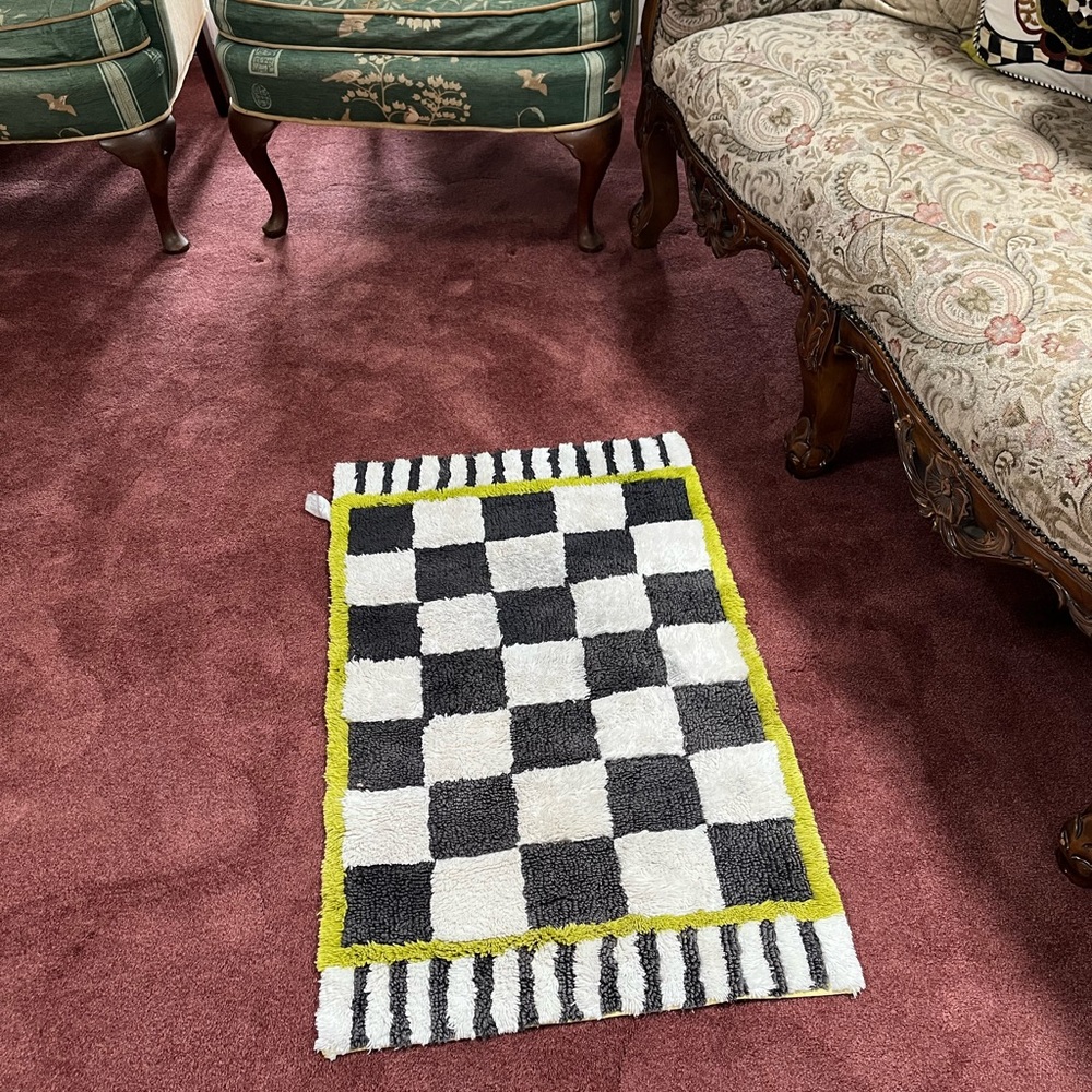 Mackenzie Childs Black and White Checkered Rug with Border